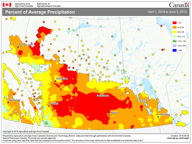 Many areas of the Canadian Prairies have seen less than 40% of normal rainfall since the beginning of April. (Agriculture and Agri-Food Canada graphic)