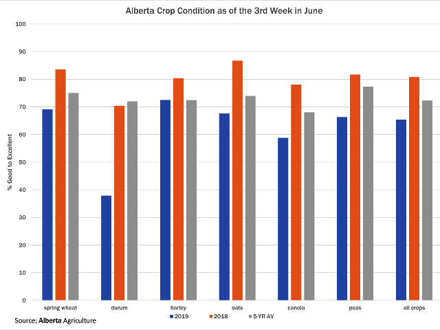 This chart compares the good to excellent crop condition for select Alberta crops as of June 18 (blue bars) as compared to the third week of June in 2018 (brown bars) and the five-year average (grey bars). Due to limited data, approximations were used to calculate the durum condition in some years. (DTN graphic by Cliff Jamieson)