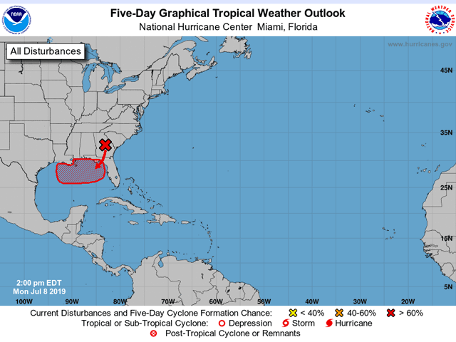The National Hurricane Center is calling for a possible tropical weather system to form in the eastern Gulf of Mexico, near Tallahassee, Florida, during the July 10-12 time frame. (NHC graphic)  