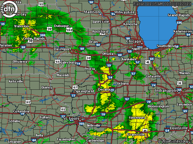 Radar at midday Monday showed thunderstorms moving through recently dry areas of Illinois, with some promise of working into Indiana as well. (DTN graphic)