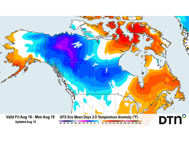 Canadian Prairies&#039; five-day temperature forecast maps show a strong round of cold air, with frost potential in northern Alberta. (DTN graphic)