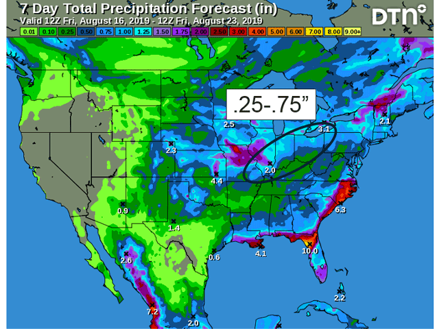 Forecast indications suggest less than an inch of rainfall for the Ohio Valley through Great Lakes during the time frame ending Aug. 23. (DTN graphic)
