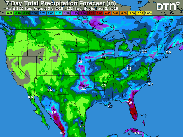 DTN&#039;s seven-day total precipitation forecast through Sept. 3 has rainfall near to below normal for the Midwest and Northern Plains. (DTN graphic)