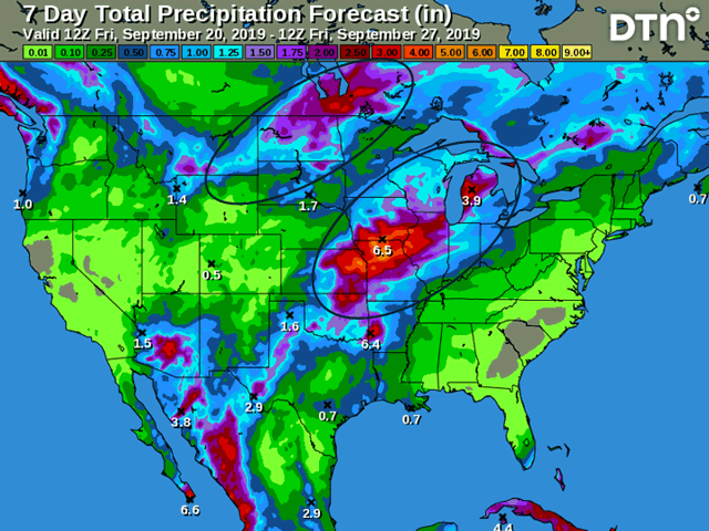 Far Northern Plains and much of the Midwest have heavy, flooding rain totals indicated during the last week of September. (DTN graphic) 