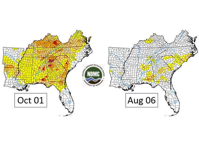 Drought Monitor renditions for the Southeast dated Oct. 1 (left) and Aug. 6 (right) show how drought has developed and become intense in just eight weeks. (NDMC graphics) 