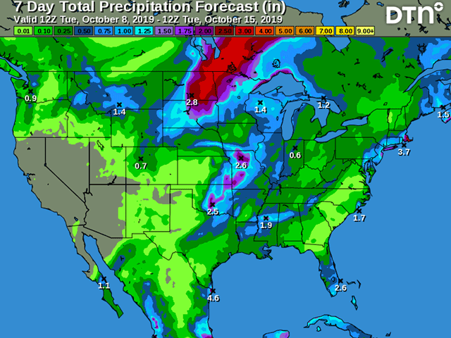 Some of the precipitation could fall as snow in the Northern Plain with possibly a little snow mixing in with the rain before ending in the western Midwest on Friday and Saturday. (DTN graphic)