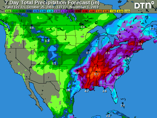 Heavy Midwest rain, along with some snow, pose a notable disruption to harvest through early November. (DTN graphic)