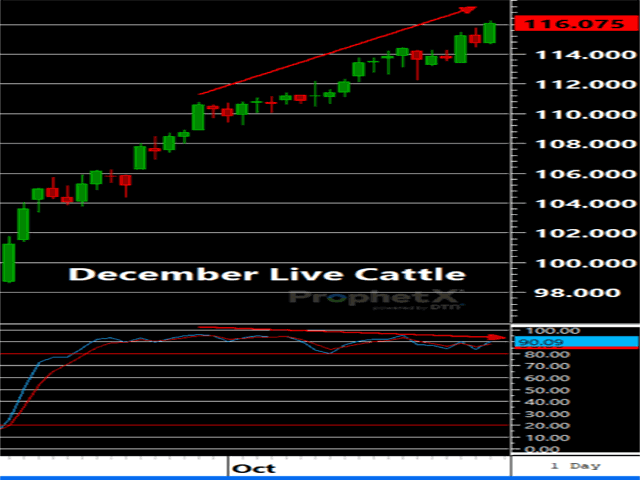December live cattle remain inside their impressive rally, although momentum indicators are slowing and possibly diverging from price, warning of possible corrective activity ahead. (DTN Prophetx Chart)