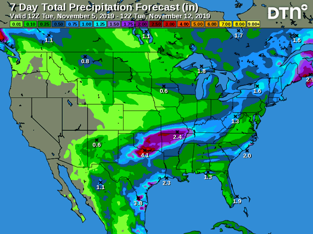 Southeastern Plains and northern Delta crop areas are in line for heavy precipitation in the next week. The rest of the Midwest and the Plains are drier. (DTN graphic)  