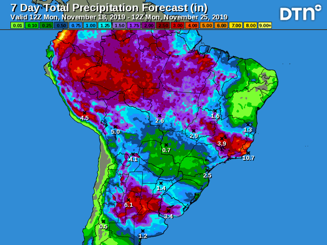 South America is projected to have beneficial, fairly widespread moderate to heavy rain to Nov. 25, according to DTN Senior Ag Meteorologist, Bryce Anderson. (DTN graphic)