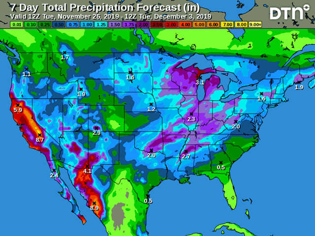 The seven-day precipitation total, ending Dec. 3, continues to affect the Northern Plains and Corn Belt, giving little chance for finishing the remaining harvest. (DTN graphic)