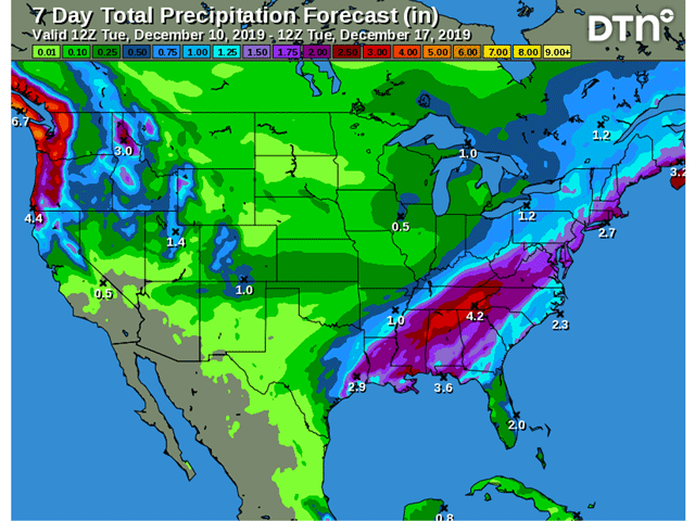 The seven-day total precipitation outlook looks rather quiet for the Northern Plains. (DTN graphic)