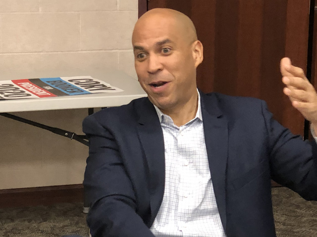 Sen. Cory Booker talks about farm policy during an interview earlier this month in Harlan, Iowa. Booker is calling for a federal moratorium on CAFOs. (DTN photo by Chris Clayton)