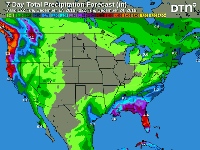 The northwest Midwest and Northern Plains had limited precipitation last week and continue that trend in the DTN seven-day total precipitation forecast. (DTN graphic)