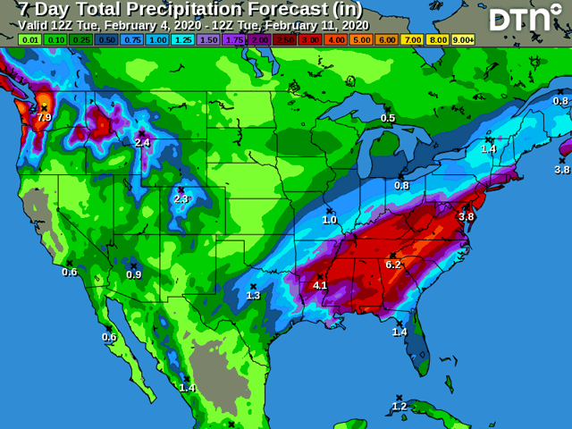 Heavy to very heavy precipitation will threaten flooding in the Ohio Valley, Delta and southeastern U.S. through the weekend of Feb. 8-9. (DTN graphic)