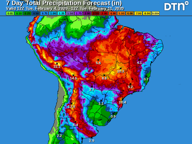 There could be some disruptions to the harvest in central Brazil, due to near-daily chances of scattered showers and thunderstorms during the next seven days. (DTN graphic)