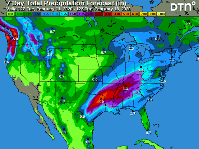 Only light precipitation is expected during the next seven days favoring southern and eastern areas of the Southern Plains winter wheat belt. (DTN graphic)