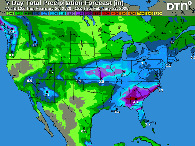 Much of the southern Midwest through the entire southeastern U.S. have additional heavy precipitation forecast through the end of February. (DTN graphic)  