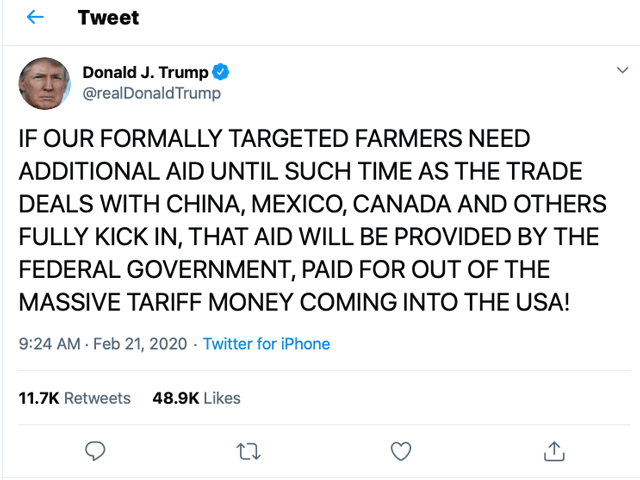 President Donald Trump tweeted Friday that he might again push for new trade aid for farmers, just a day after Ag Secretary Sonny Perdue said farmers need to plan for getting their income from the marketplace. (DTN image from Twitter)