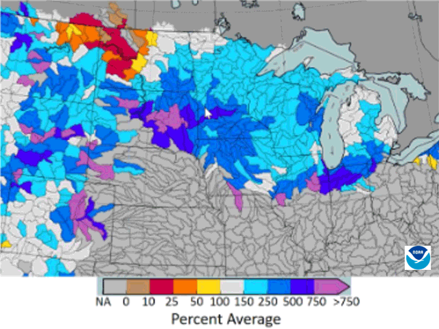 Except for western North Dakota, the northern tier of states and northern Rockies have above-average snowpack, which enhances concern for spring flood potential. (NOAA graphic)