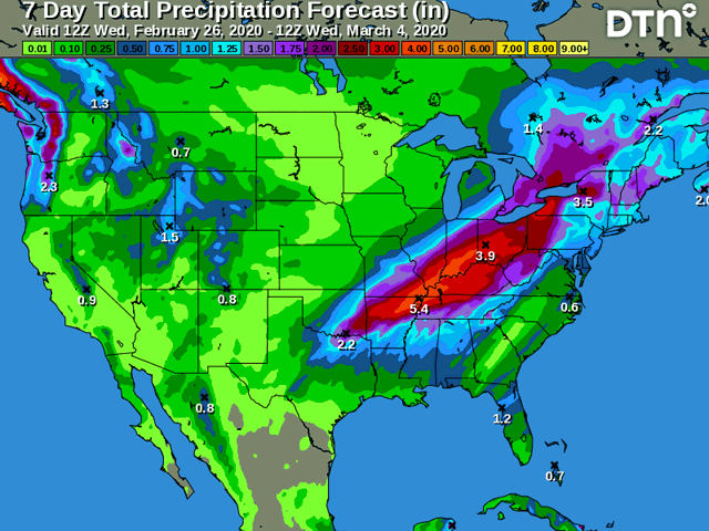 Widespread 1- to 3-inch precipitation, with a band of 3 to 5 inches, threatens to keep the eastern Midwest and northern Delta saturated, with potential flooding during the end of February into early March. (DTN graphic)