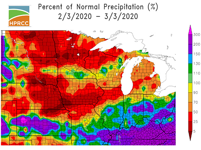 Mostly less than 50% of normal precipitation in the past 30 days over the northern and Western Corn Belt has allowed some easing of wet soil conditions. (HPRCC graphic)
