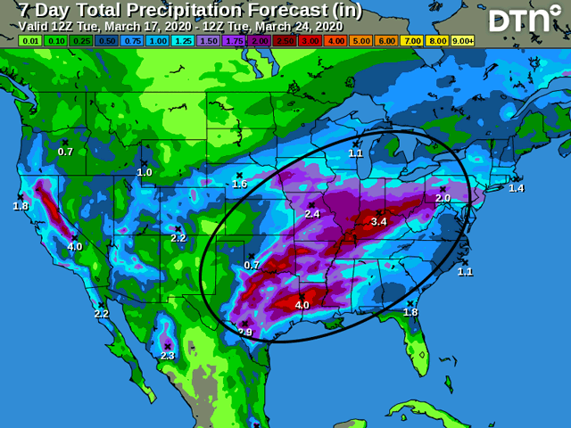 Southeastern Plains, Delta and eastern Midwest are targets for early spring heavy rain through March 24. (DTN graphic)
