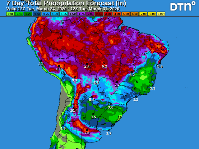 Southern Brazil rain prospects continue light through early April. (DTN graphic)