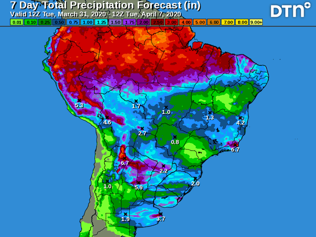 Heavier rainfall will move through Southern Brazil April 2-3, but looks to be only brief. (DTN graphic)