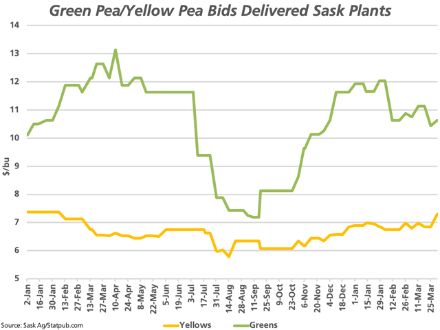 Despite global uncertainty and supply chain issues, dry pea bids on the Prairies are reported higher this week, with yellow peas delivered to Saskatchewan plants bid at levels last seen over a year ago. (DTN graphic by Cliff Jamieson)