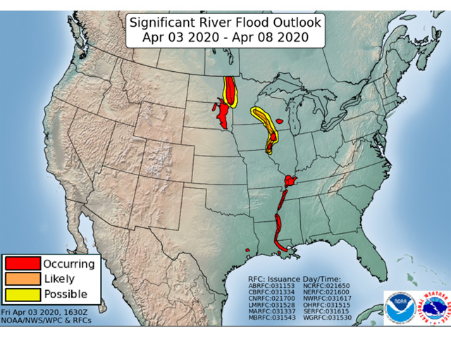 Flood forecasts through April 8 show no flooding expected in the Missouri River valley itself. (NOAA graphic)