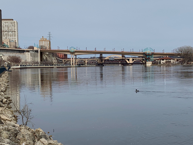 The only thing moving on the Upper Mississippi River (UMR) in St. Paul on Good Friday was the strong current and one lone duck. There were no barges parked anywhere in the downtown area, but the river had started to recede below minor flood stage. (DTN photo by Mary Kennedy)