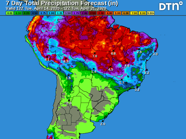Northern Brazil still has tropical-source rain, but the pattern is much more variable elsewhere. (DTN graphic)