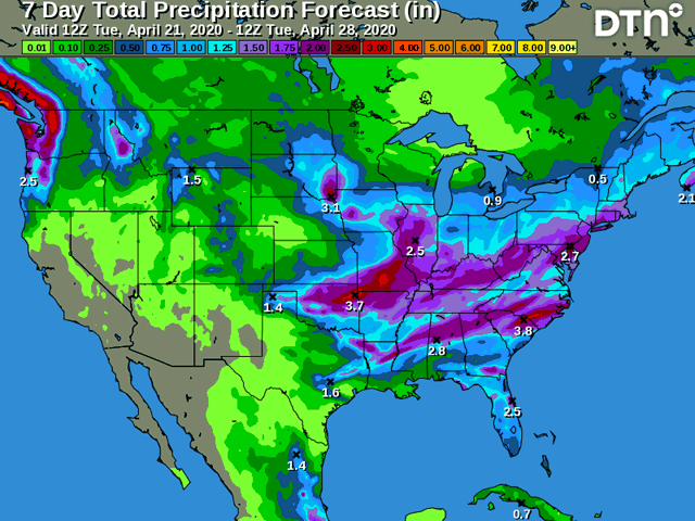 Rainfall of 1 to 3 inches in the next week is strongly suggested in precipitation forecasts. (DTN graphic)     