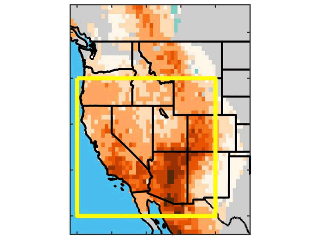 Areas of southwestern North America affected by drought in the early 2000s; darker colors are more intense. Yellow box shows the study area. (Columbia University graphic)