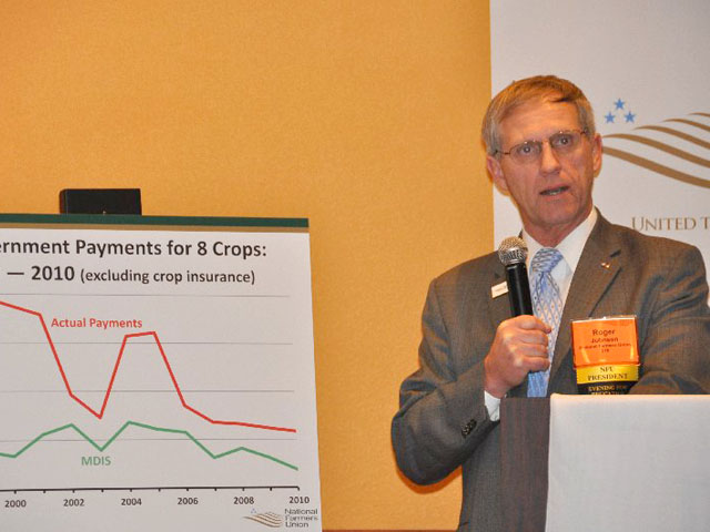 Roger Johnson, president of the National Farmers Union, announced he would leave the organization after 11 years as president. In this photo, Johnson is talking about an NFU plan that would have overhauled farm program payments. (DTN file photo) 