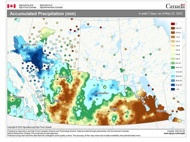 Areas of heavy rain over 30 millimeters were found in northwest Alberta and parts of Saskatchewan, but other areas have missed out so far. (Agriculture and Agri-Food Canada graphic)