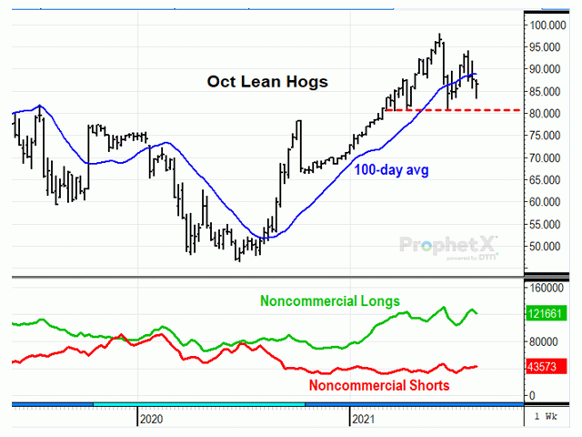 October lean hogs have lost their upward momentum, while noncommercials remain heavily long. So far, prices are holding above support, trading above $80.90 per hundredweight. (DTN ProphetX chart)