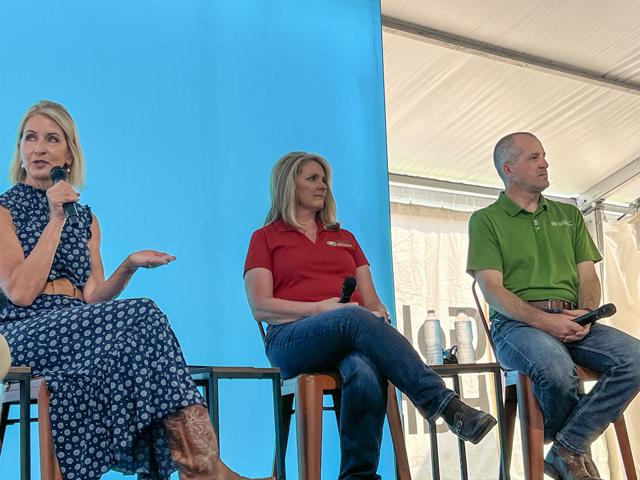 Rep. Mary Miller, left, talks about the farm bill with Missouri Secretary of Agriculture Chris Chinn and Iowa Secretary of Agriculture Mike Naig during the first day of the Farm Progress Show in Decatur, Ill. (DTN photo by Chris Clayton)