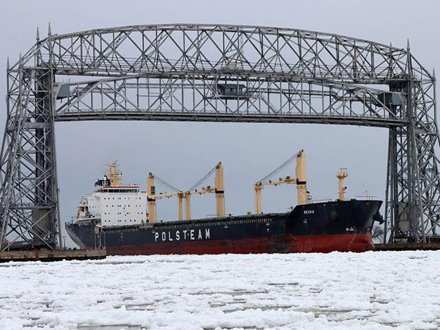 Resko is the first oceangoing vessel, known as a saltie, to arrive in the Port of Duluth-Superior to officially open the 2022 grain shipping season. The ship was aided by tows breaking a path in the ice in the canal and into the harbor on her way to the terminal to pick up a load of wheat and durum. (Photo courtesy Jayson Hron, Director of Communication and Marketing, Duluth Seaway Port Authority)