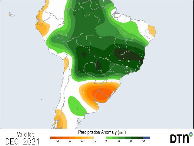 Precipitation over much of Argentina and southern Brazil is forecast to be well-below normal for December. (DTN graphic)
