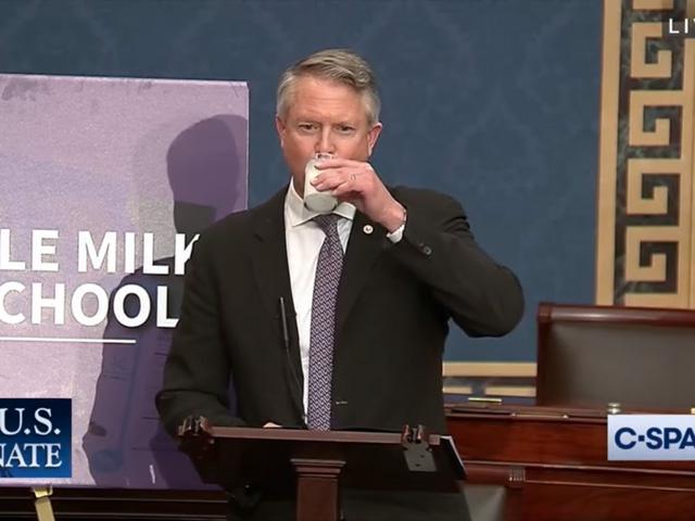 Sen. Roger Marshall, R-Kansas, spoke on the Senate floor Thursday after drinking a glass of whole milk. Marshall wanted unanimous consent to get final approval on the Whole Milk for Healthy Kids Act, which passed the House on Wednesday. The chairwoman of the Senate Ag Committee blocked that move. (Image from C-Span) 
