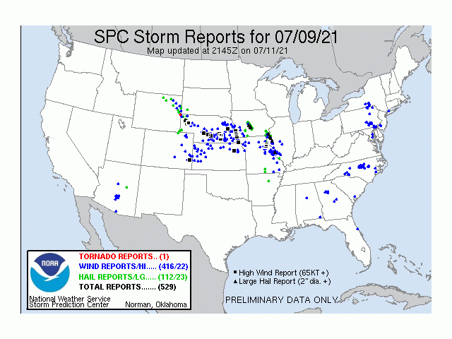 Severe weather occurred over a large area over the Plains and western Midwest July 9-10, including significantly large baseball-sized hail and hurricane-force wind gusts. (NOAA image)