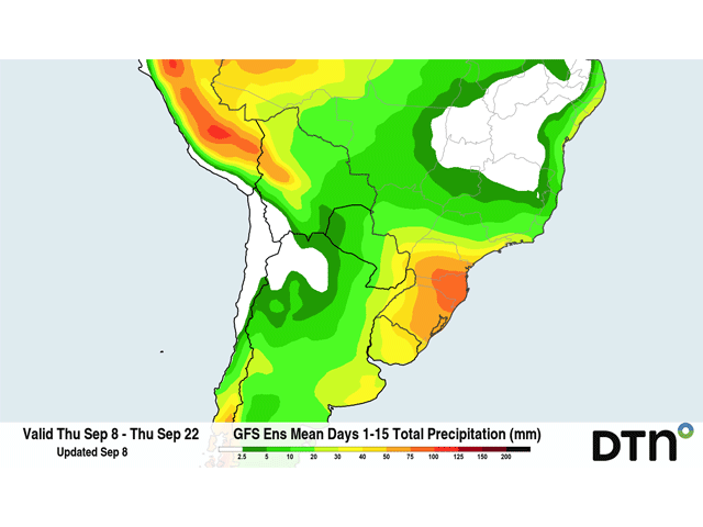 The American Global Forecast System (GFS) model is bringing at least some chance for some early showers to central Brazil ahead of the annual start to the wet season that usually occurs in late September. (DTN graphic)