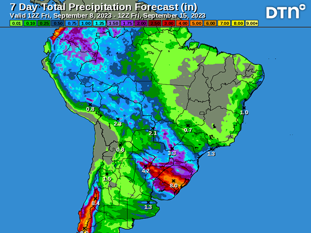 The 7-day forecast is calling for more heavy rain in southern Brazil. (DTN graphic)