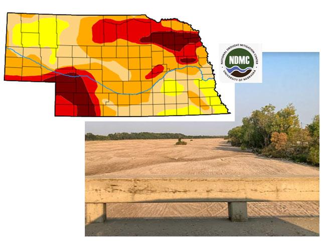 The dry Platte Riverbed in east-central Nebraska is a dramatic example of withering drought with more than one-quarter of the state in either extreme or exceptional drought. (Photo courtesy Libby Finochiaro; U.S. Drought Monitor graphic)