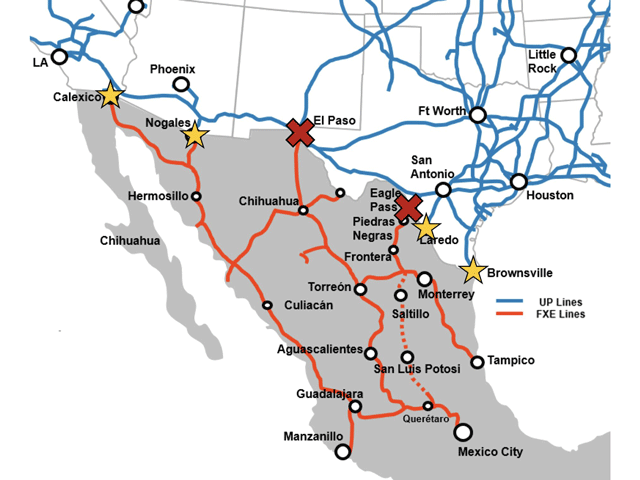 Union Pacific (UP) map of El Paso and Eagle Pass, Texas, crossings. UP noted that roughly 450,000 rail shipments move across the two gateways annually. It would take more than one million trucks to move the same amount of goods. (Map courtesy Union Pacific)