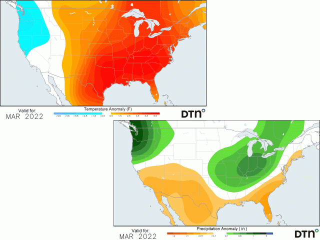 The long-range forecast for March is pointing to a pattern change that would bring higher temperatures and increased precipitation east of the Rockies. (DTN graphics)