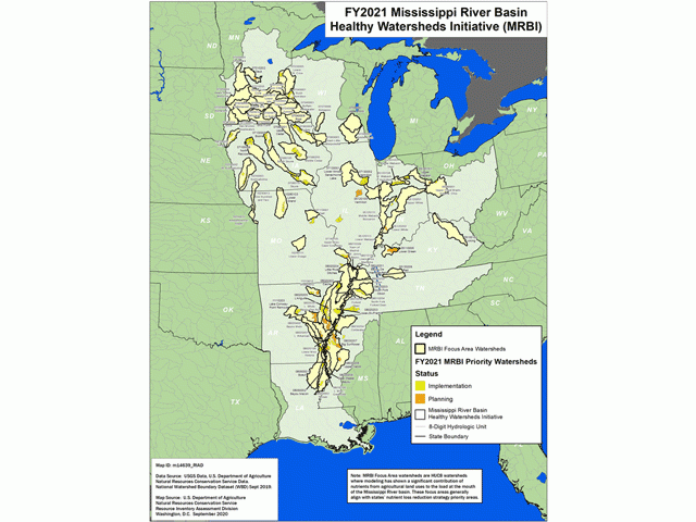 USDA released a map detailing 379 priority watersheds in the Mississippi River basin for funding and technical support to help improve surface water quality.  (Image from USDA&#039;s NRCS) 