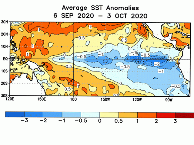 Equatorial Pacific Ocean temperatures show widespread cooling of 1 to 2.5 degrees Celsius below normal from South America to the International Date Line. (NOAA graphic)